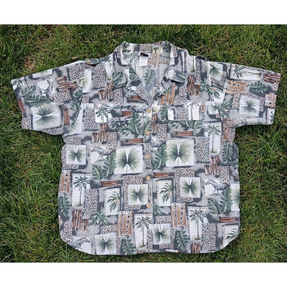 90's Vintage Safari Jungle Print Button-Up - Boho Lightweight Animal Print Top